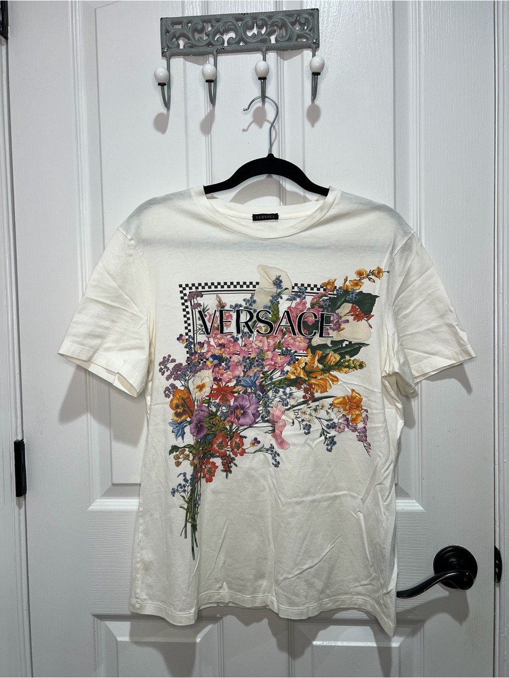 Versace White Short-Sleeve Tee with Multicolor Floral Print